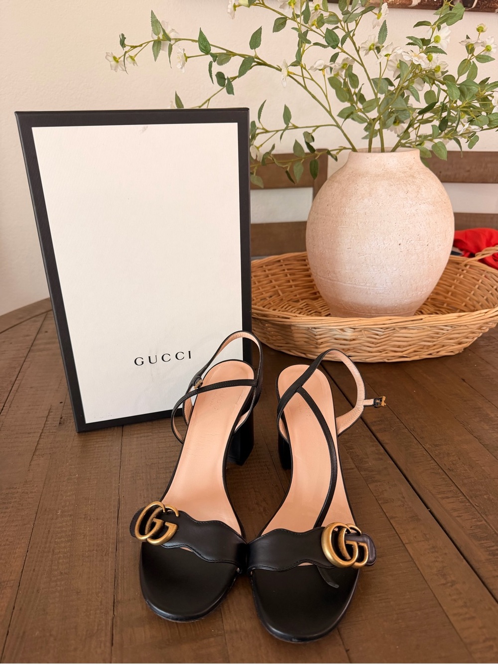 Gucci Black Leather Strappy Mid-Heel Sandals with Gold Double G